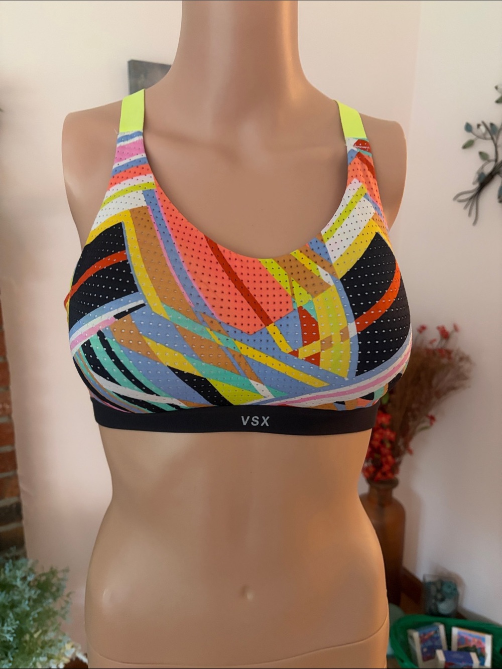 VSX Multicolor Abstract Print Sports Bra with Neon Yellow Straps